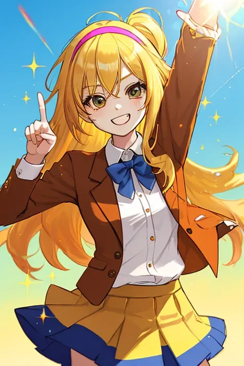 solo, Blonde, Colorful Hair, happiness/joy, hair band, woman,high school girl,Brown blazer,Lift up the skirt,peace sign,slouch,Hair fluttering in the wind,sunny,Shining Sun,Sparkle Effect