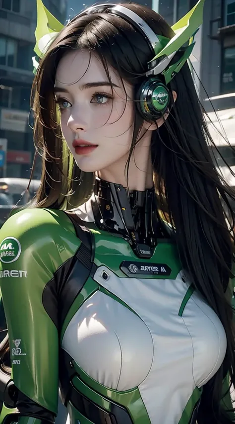 Highest image quality, Outstanding details, Ultra-high resolution, (realism: 1.4), Best example, Favor the details, Highly concentrated Anne Hathaway, Beautiful face, Wearing a green all-inclusive bright one-piece mecha,Wearing a heavy motorcycle helmet, H...