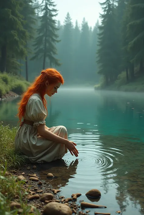 Woman with red hair in peasant dress kneeling washing her hands in clear water at the edge of a large shallow lake in a meadow surrounded by forest sees hundreds of bones and layers of animal skeletons cover completely cover the ground underwater