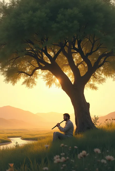 Man sitting on grass Under wide dense tree Shadow,
surrounding by warm sunny atmosphere,
 Playing Flut in a clear vast area in a desert,
running beautiful clear crystal spring nearby,
Sun shouldnt touch the mans body