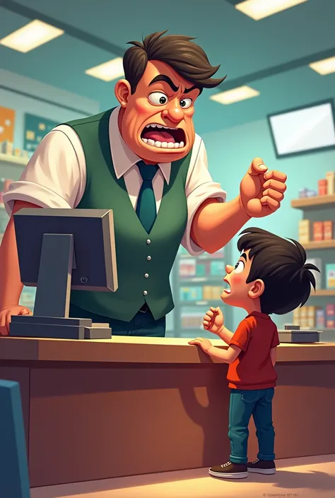 Make a picture of a store manager behind his cash register with an angry face telling a child what he wants.. With animated style


