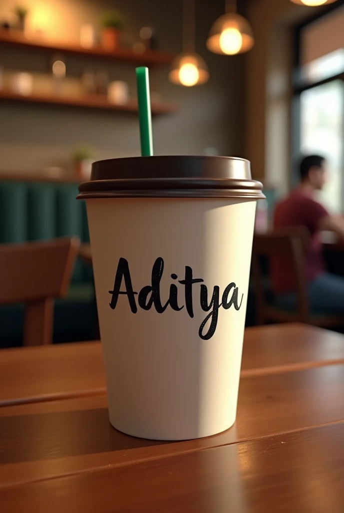 Starbucks coffeecup with handwritten name Aditya with black ink on it on a table of cafe and straw in it
