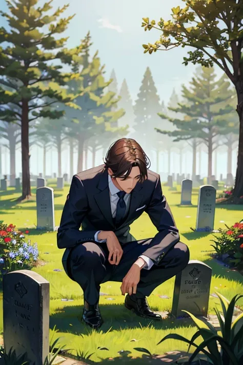 a handsome tall guy crouching near his mothers grave to admire