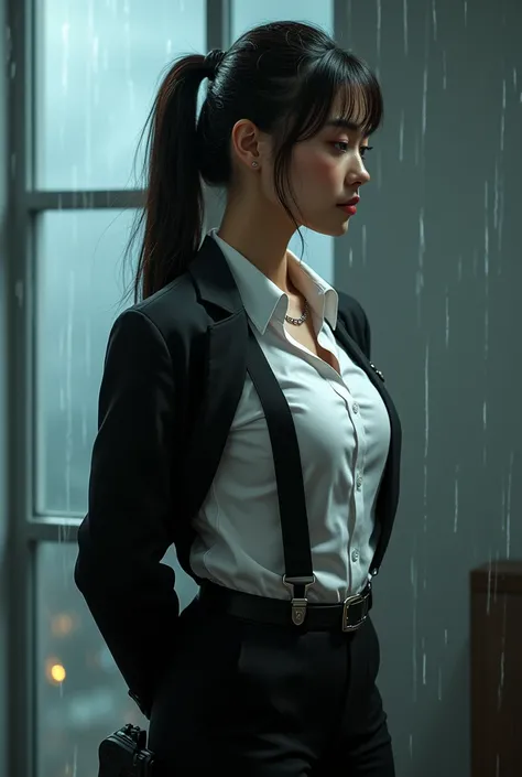 a woman in a suit, belt, hands behind back, sweating, suspenders, black pants, sexly, large breasts, see-through clothing, rain, detective, office worker, white button-up shirt, (best quality,4K,8k,highres,masterpiece:1.2),ultra-detailed,(realistic,photore...