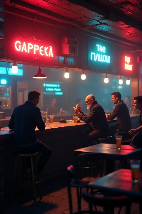 Cyberpub, wooden counter, wooden tables, neon signs, focus on the bar, russian man barter, beautiful lighting, few people drinking