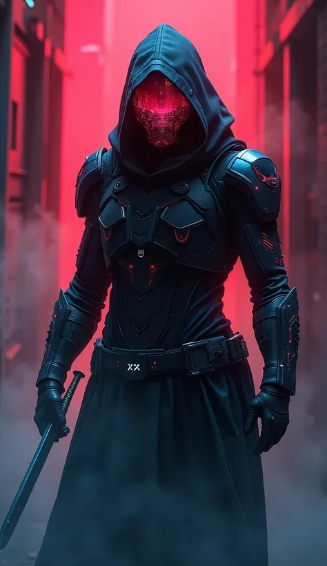 A hyper-realistic digital art of a cyber assassin, clad in sleek, futuristic armor with intricate glowing circuits. The assassin, holding a sharp dagger, is hidden in the shadows of a dimly lit, secretive alleyway, Thick fog and swirling smoke envelop the ...