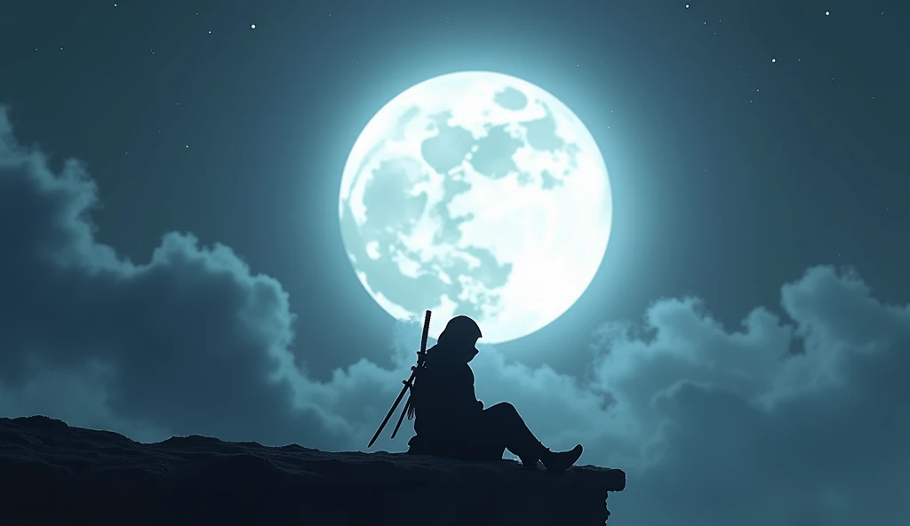 A dark silhouette of a ninja sitting on a high post, with knees bent and arms resting on the knees, holding a katana on the back. The scene is set against a bright, full moon, which dominates the background and illuminates the ninja from behind. The sky is...