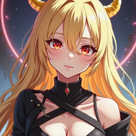 She is 1. She has long, blonde hair with flaming orange tips, red-orange eyes with dilated pupils, black dragon wings, a green dragon tail, blonde dragon horns, D-Cup boobs, a perfect figure, perfect skin, and an athletic body. She wears a black leather ja...