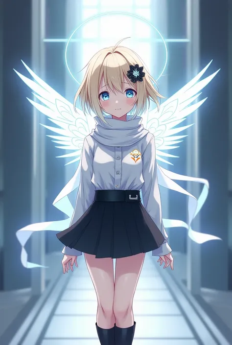 Femboy, Anime, Short, Short Blonde hair, Fair skin, Blue eyes, High-tech halo & wings, Black & White flower hairpin, White scarf, White collared long-sleeved shirt, Black skirt, Black boots