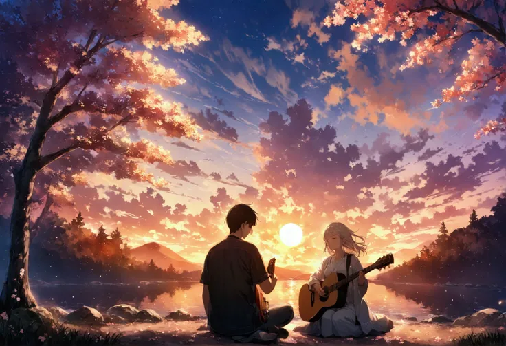 A boy and a girl sitting together, under the cherry blossom tree, white clouds, romentic weather, boy have a guitar, he playing guitar, girl listening guitar, both are teenagers, high quality image, master peace, High details, wallpaper HD, 4k quality imag...