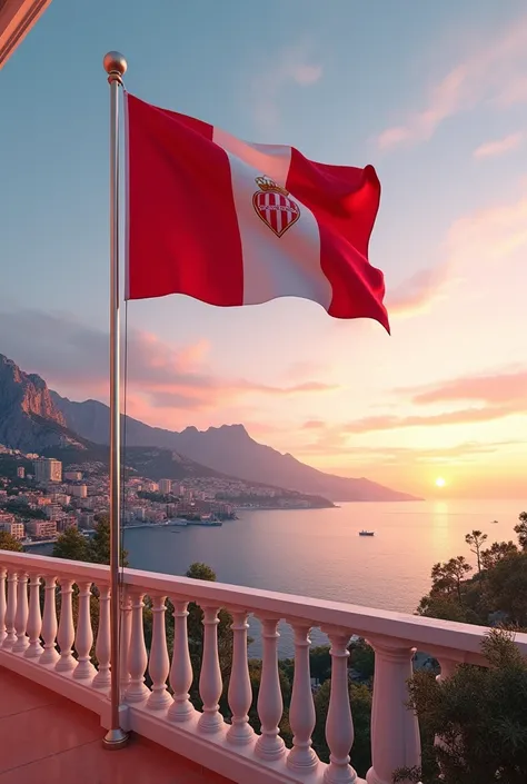 (photorealism:1.2), A beautiful sunset landscape, where you can see a Monaco flag waving on a flagpole. The flag, made up of two horizontal stripes, red at the top and white at the bottom, stands out against the clear sky.

Behind the flag, a stunning pano...