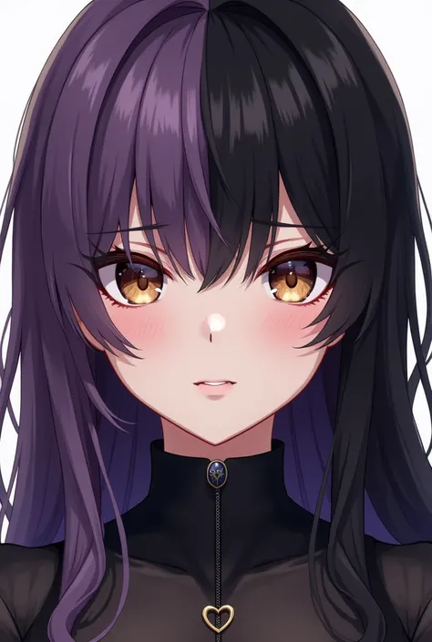 Sexy anime girl with medium long hair , half vertical of dark purple hair and the other half vertical of black hair, with straight head and brown eyes, with black neckline and gothic style