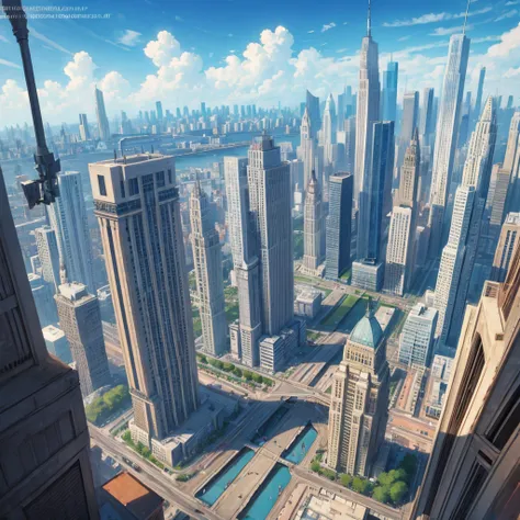 The cityscape is filled with towering buildings, with a city made of clouds, soft and fluffy.