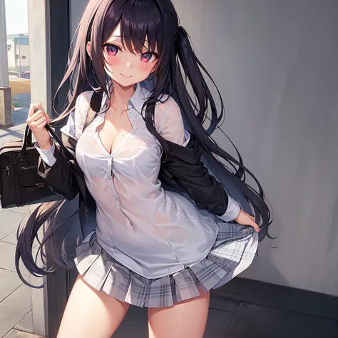 One girl, chest, Blushing, Long Hair, Black Hair, masterpiece, Highest quality, 大きなchest,  A seductive smile, Iris、entrance、towel、mini skirt、Dress shirt、See-through bra、School bag