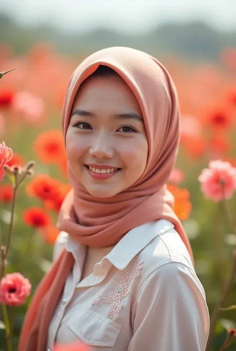 

best quality, masterpiece, very high resolution, (In Photorealist: 1.4), Raw photo, beautiful round faced Indonesian woman.wearing a white patterned shirt , hijab peach ,blooming flower field background, glowing white skin, sweet and bright smile. . Hype...