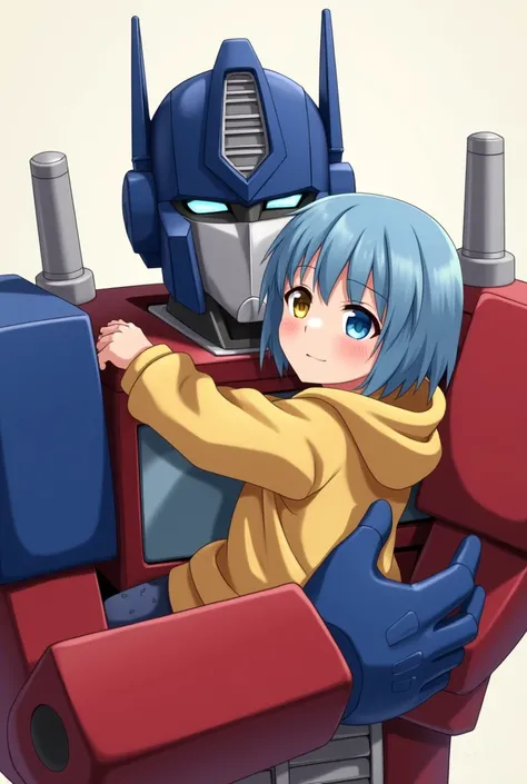 Optimus Prime and Ai Ohto Hug, 1girl,AiOhtoR4, blue_hair, heterochromia, yellow eye, blue eye,short_hair,closed mouth,face,looking at viewer,solo,yellow hoodie, Transformers アニメ、タカラトミー