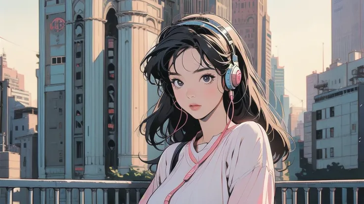 solo, high resolution, headphones, city background, breasts,