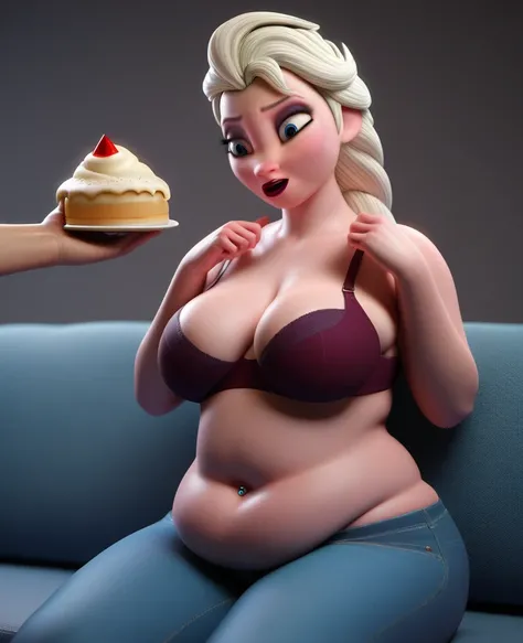 (( 3D, a slim and short Man,a Man pinching elsas cheeks,A Man pinching and  touching Elsas Belly )) ,Tall ,slim faced Surprised Elsa,literally gained a plump belly,Trying to wear jeans but they dont fit because she gained put on weight,fullbodyimage,Raised...