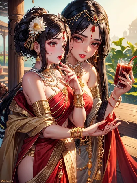 1 girl beautiful detail eyes with thick eyelashes,fare skin texture, jwellery on hair , nosepin, necklace, pearl chain ,brown detailed long hair , beautiful lips with red lipstick,blouse and saree , lotus in hand ,cow in background,8k masterpiece 