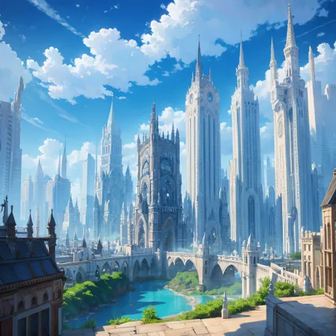 A city made of clouds, with cloud-built structures, arranged in varying heights, creating a soft and fluffy city in shades of blue.