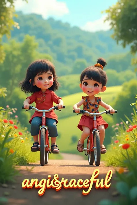 Depicts 2 beautiful Indonesian girls aged 8 years riding bicycles in a rural area.,under the child there is a beautiful 3D text "ANGGI&graceful" text is clearly readable