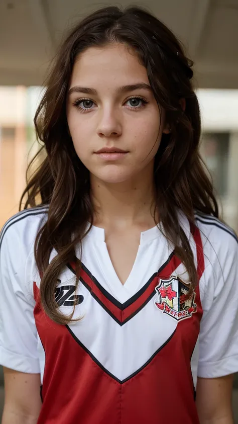 Cute little  white girl, soccer player, red uniform, eyeliner, beautiful eyes, wavy hair 