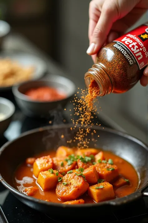 A ajinomoto vetsin seasoning pouring in food that cooking 