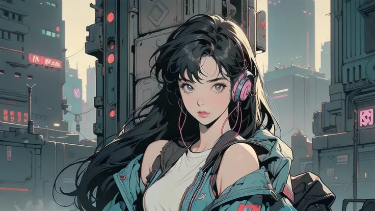 Solo, High Resolution, Headphones, city of cyberpunk background, Breasts, 