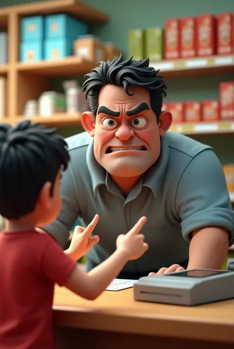 Make a picture of an angry looking store manager behind his cash register with an angry face talking to a boy in a red shirt and the boy is pointing at a soap bar behind him
. With 3d animated style


