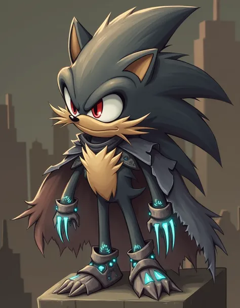 Black hedgehog with a tattered cape, it is a killer, with red eyes, sharp knives all over its body emitting blue light, it looks very technological, standing on the top of the tower, professional photo, best quality, masterpiece