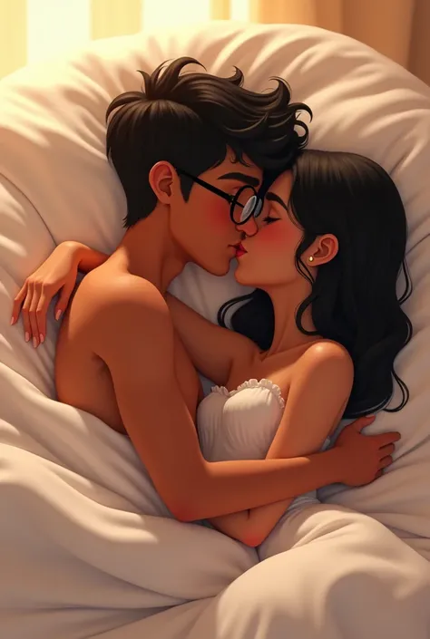 light skin boy, wavy black hair, with black glasses next to his light brown-skinned girlfriend, straightened hair together having sex in the middle of white sheets with a passionate pixar style kiss