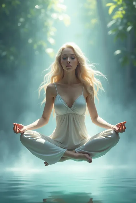 a beautiful blonde young woman with blue eyes levitates with crossed legs, while being barefoot