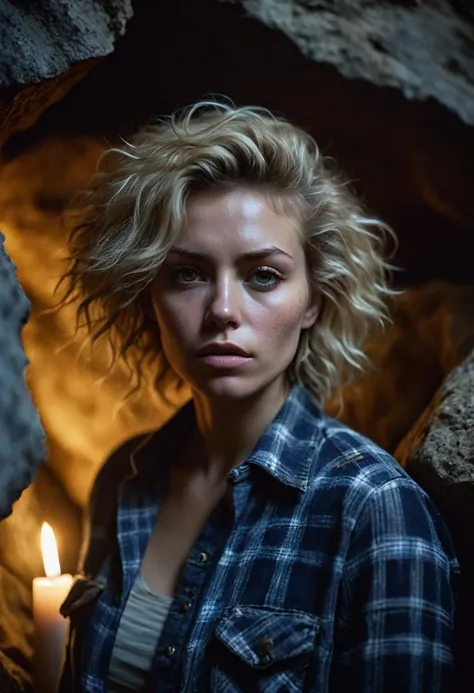 photograph of a woman, (troubled facial expression), textured skin, goosebumps, blonde afro hair, plaid flannel shirt with distressed boyfriend jeans, cowboy shot, dark and mysterious cave with unique rock formations and hidden wonders, perfect eyes, (cand...