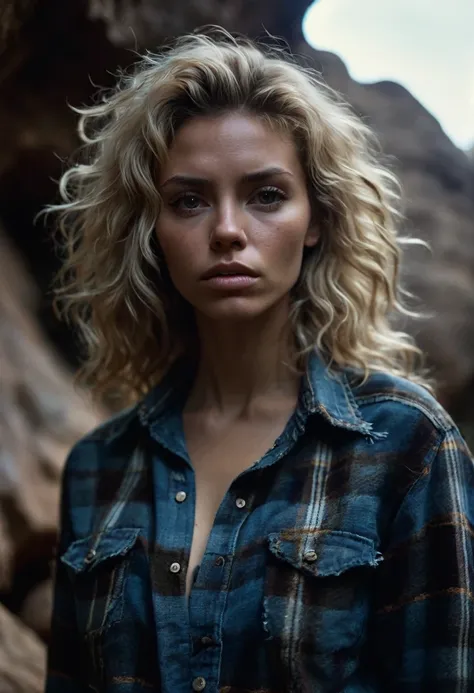 photograph of a woman, (troubled facial expression), textured skin, goosebumps, blonde afro hair, plaid flannel shirt with distressed boyfriend jeans, cowboy shot, dark and mysterious cave with unique rock formations and hidden wonders, perfect eyes, (cand...