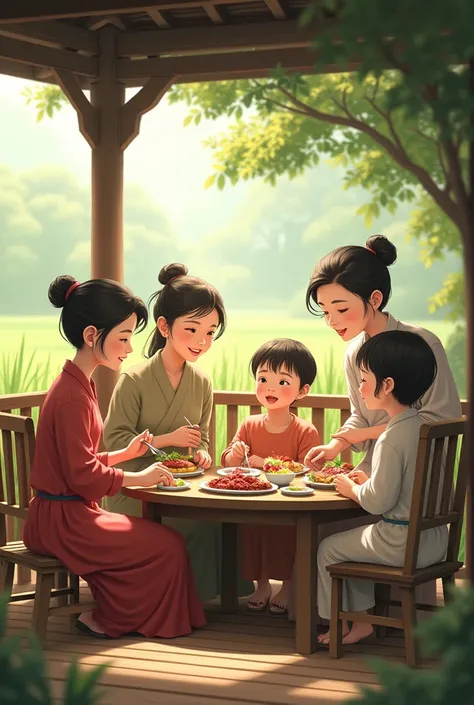 5 elder sisters in their late 20s with their little brother age of 7 sitting on wooden porch and eating food which is beef near a paddy field.