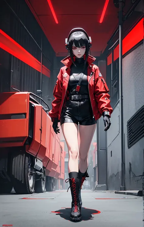 crea un traje al cyberpunk style para una heroina con poderes de sangre, with not so striking colors, red colors, black, and whi...