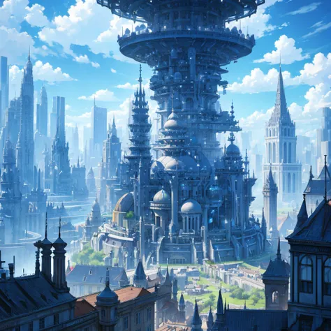 A city made of clouds, with cloud-built structures, arranged in varying heights, creating a soft and fluffy city in shades of blue.