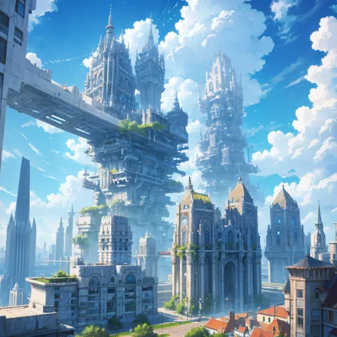 A city made of clouds, with cloud-built structures, arranged in varying heights, creating a soft and fluffy city in shades of blue.