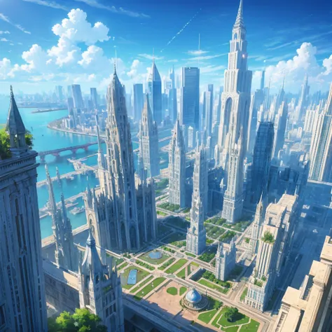 A city made of clouds, with cloud-built structures, arranged in varying heights, creating a soft and fluffy city in shades of blue.