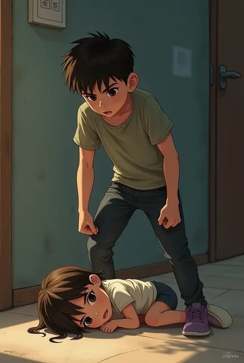 A teenage boy standing in front of a small girl lying on a floor