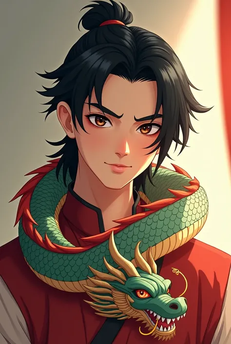 Generates an animated image of a 1 Chinese man with black hair wearing a Chinese dragon on his neck like a scarf but looking straight ahead, but he has the mullet haircut