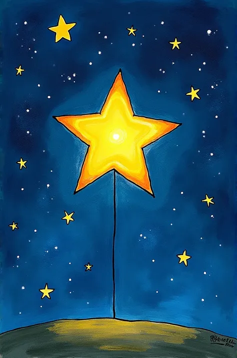 Make an easy  drawing  for kindergarten students with A night sky with a large star shining bright, surrounded by smaller stars.