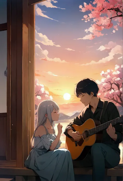 A boy and a girl sitting together, under the cherry blossom tree, white clouds, romentic weather, boy have a guitar, he playing guitar, girl listening guitar, both are teenagers, high quality image, master peace, High details, wallpaper HD, 4k quality imag...