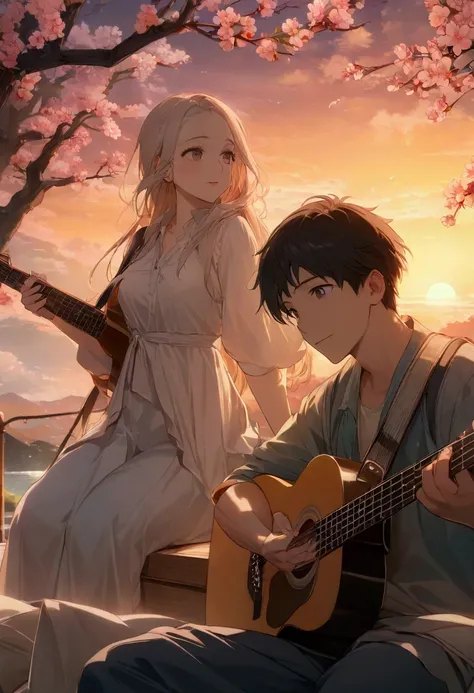 A boy and a girl sitting together, under the cherry blossom tree, white clouds, romentic weather, boy have a guitar, he playing guitar, girl listening guitar, both are teenagers, high quality image, master peace, High details, wallpaper HD, 4k quality imag...