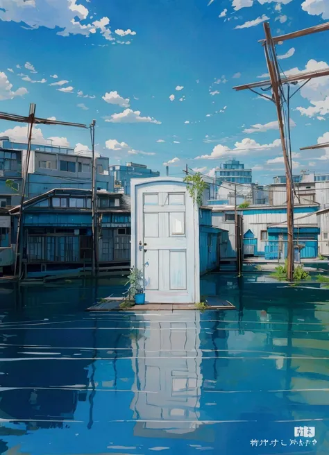 floating in tranquil blue water, a weathered white door stands isolated against a vibrant backdrop, clear sky dotted with fluffy...