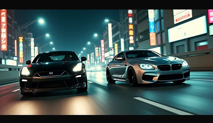 Cinematic. Hyper-realistic. Low contrast. Desaturated muted colors. Photo of a nighttime urban driving scene, focusing on two cars speeding down a multi-lane highway. The car on the left is a black glossy Nissan GTR, sleek and aggressive, with its headligh...