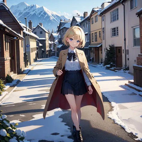 Masterpiece, solo, 1girl, overcoat, short skirt, short blonde hair, alpine village 