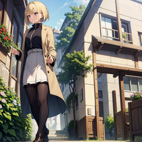 Masterpiece, solo, 1girl, overcoat, short skirt, short blonde hair, alpine village 