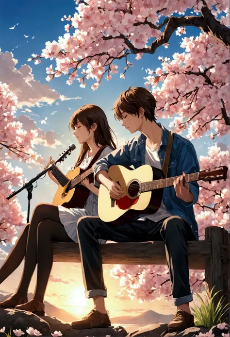 A boy and a girl sitting together, under the cherry blossom tree, white clouds, romentic weather, boy have a guitar, he playing guitar, girl listening guitar, both are teenagers, high quality image, master peace, High details, wallpaper HD, 4k quality imag...