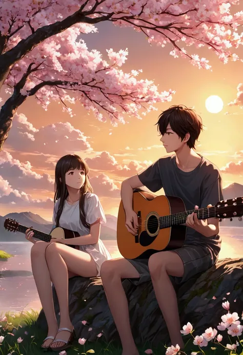 A boy and a girl sitting together, under the cherry blossom tree, white clouds, romentic weather, boy have a guitar, he playing guitar, girl listening guitar, both are teenagers, high quality image, master peace, High details, wallpaper HD, 4k quality imag...